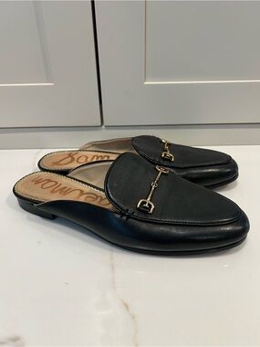Sam Edelman Black Leather Slip-On Mules with Gold Horsebit